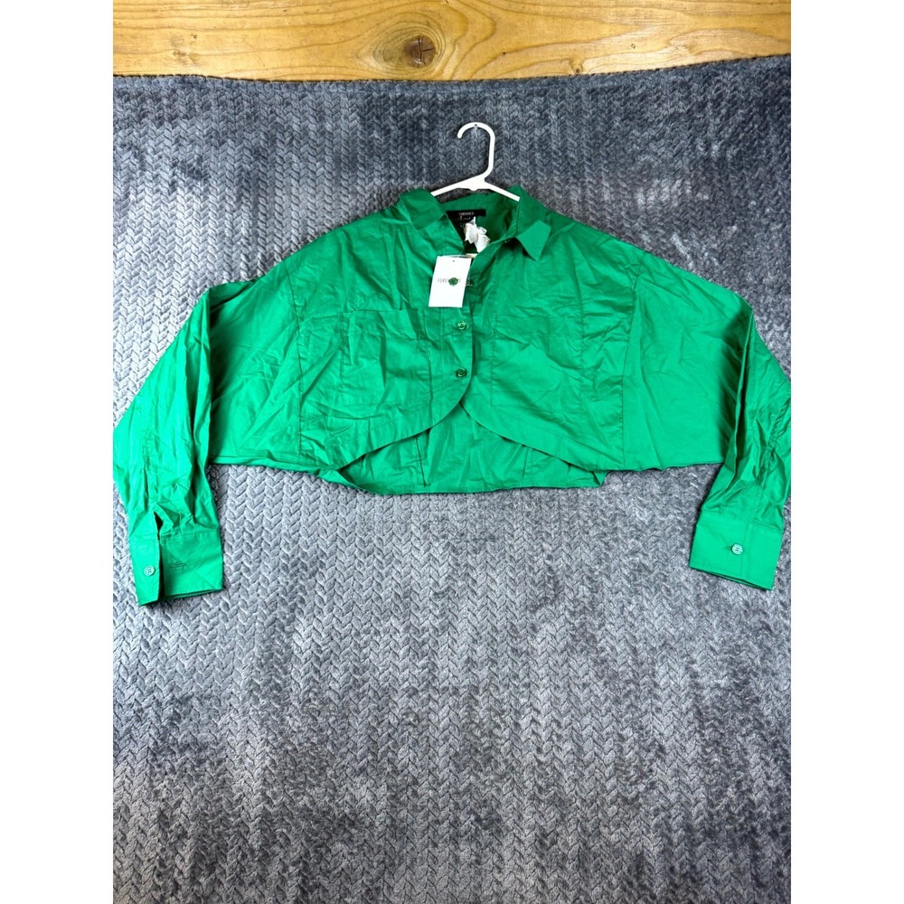 Forever 21 Cropped Shirt Women Small Kelly Green Cotton Button Front Tulip Hem